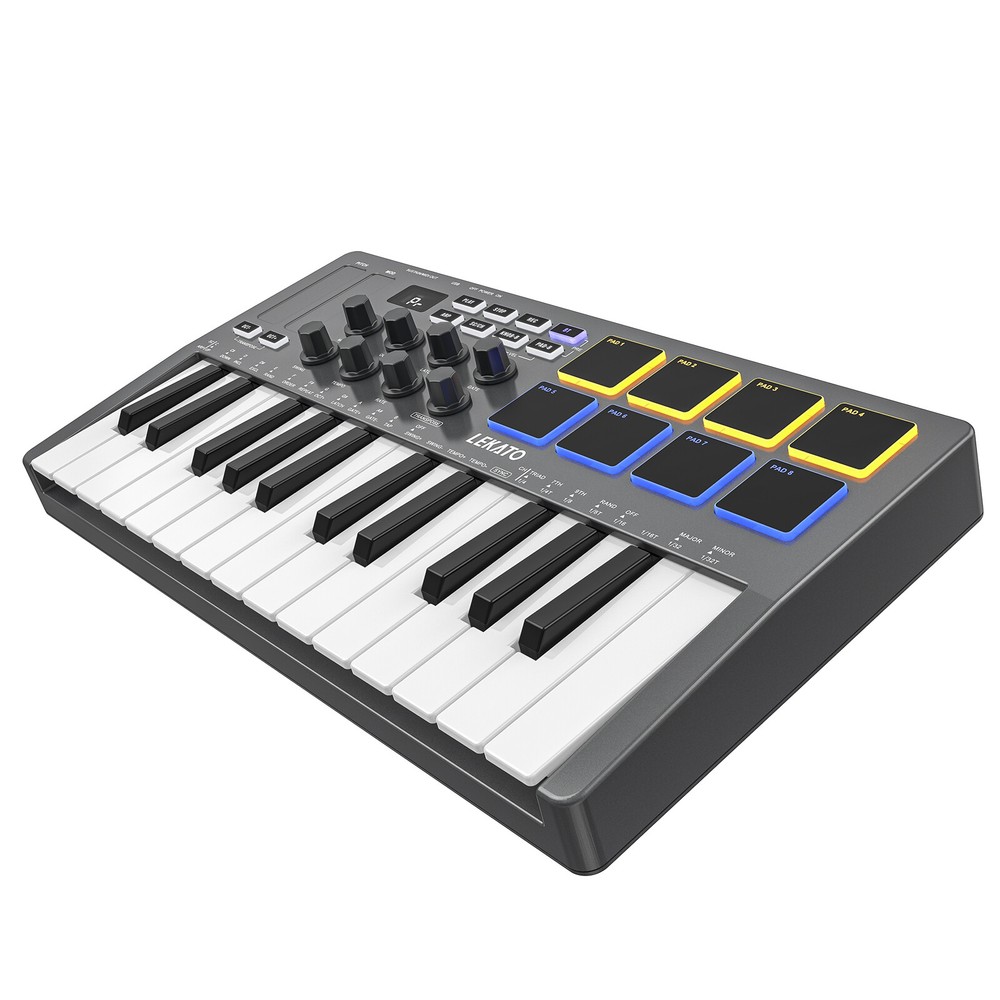 LEKATO MIDI Keyboard Controller 25 Key Rechargeable with 8 Backlit Drum Pads