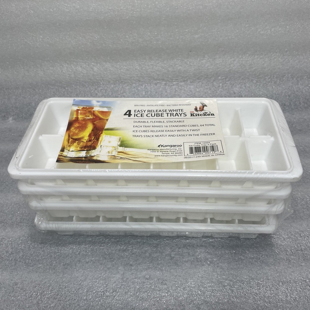 (4 pack)  Quick Release Ice Cube Tray, Plastic, White, Rectangular