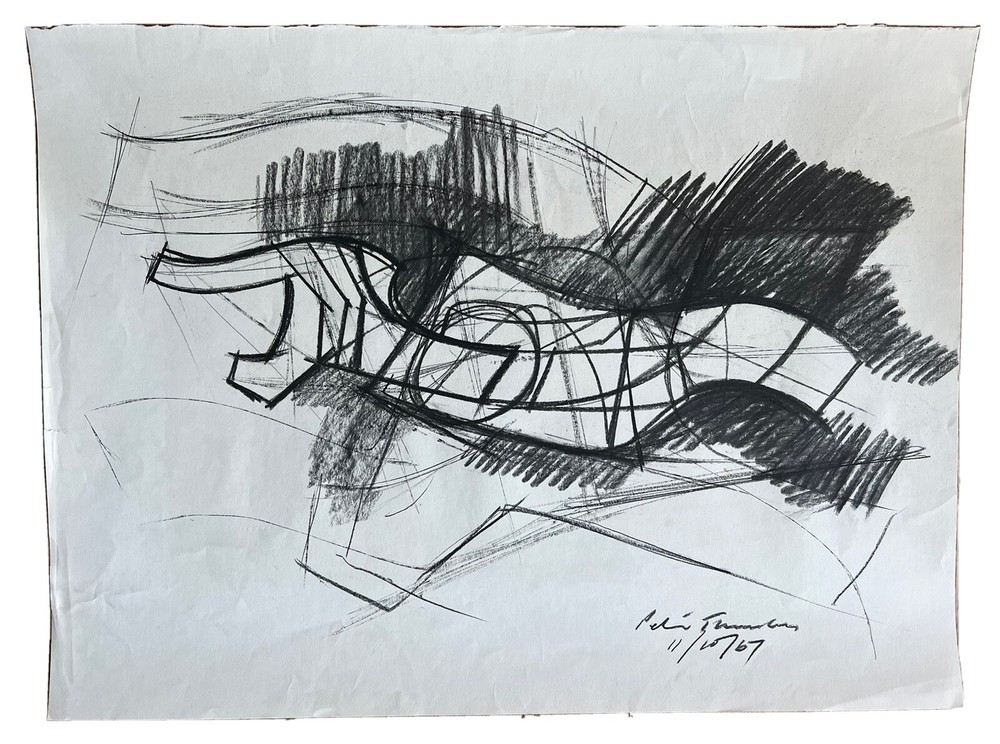 Peter Thursby Original 1967 Charcoal Drawing Study For Sculpture Signed Dated