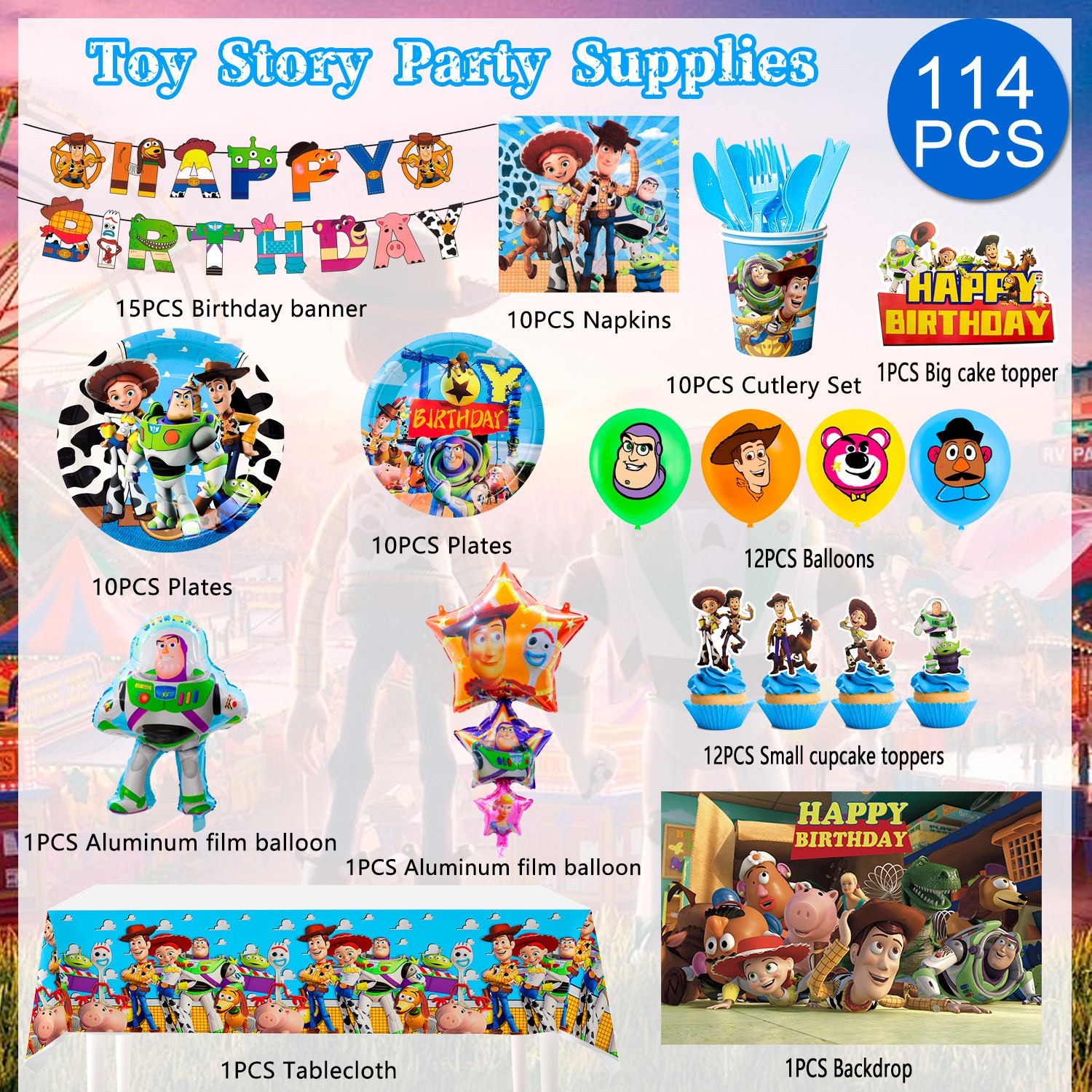 114 Pcs Toy Story Party Decorations Toy Story Birthday Tableware Balloons Plates