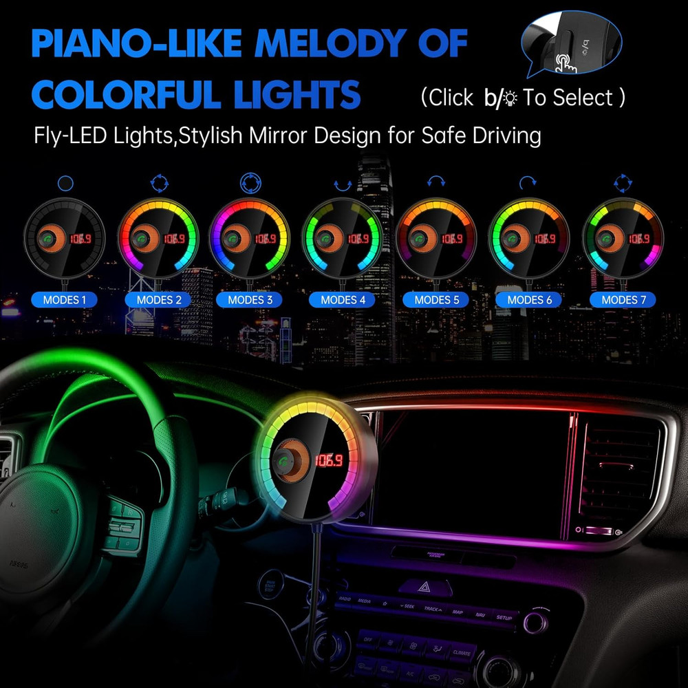 Car Bluetooth FM Transmitter, Wireless Radio Car Adapter 7 Colors LED Backlit