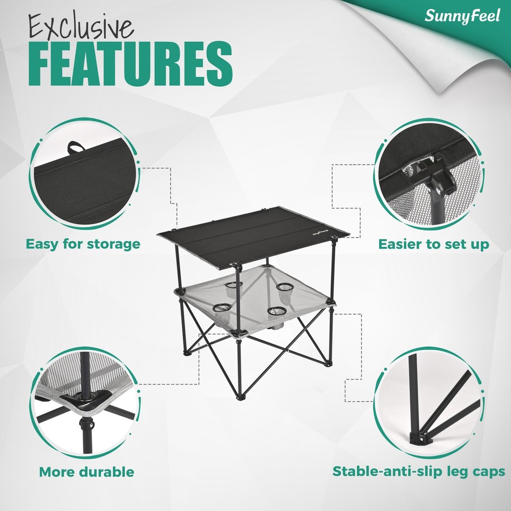 Folding Camping Table- Collapsible Portable Beach Table with 4 Cup Holders & ...
