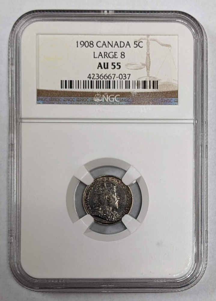 1908 Canada 5c Large 8 NGC AU 55