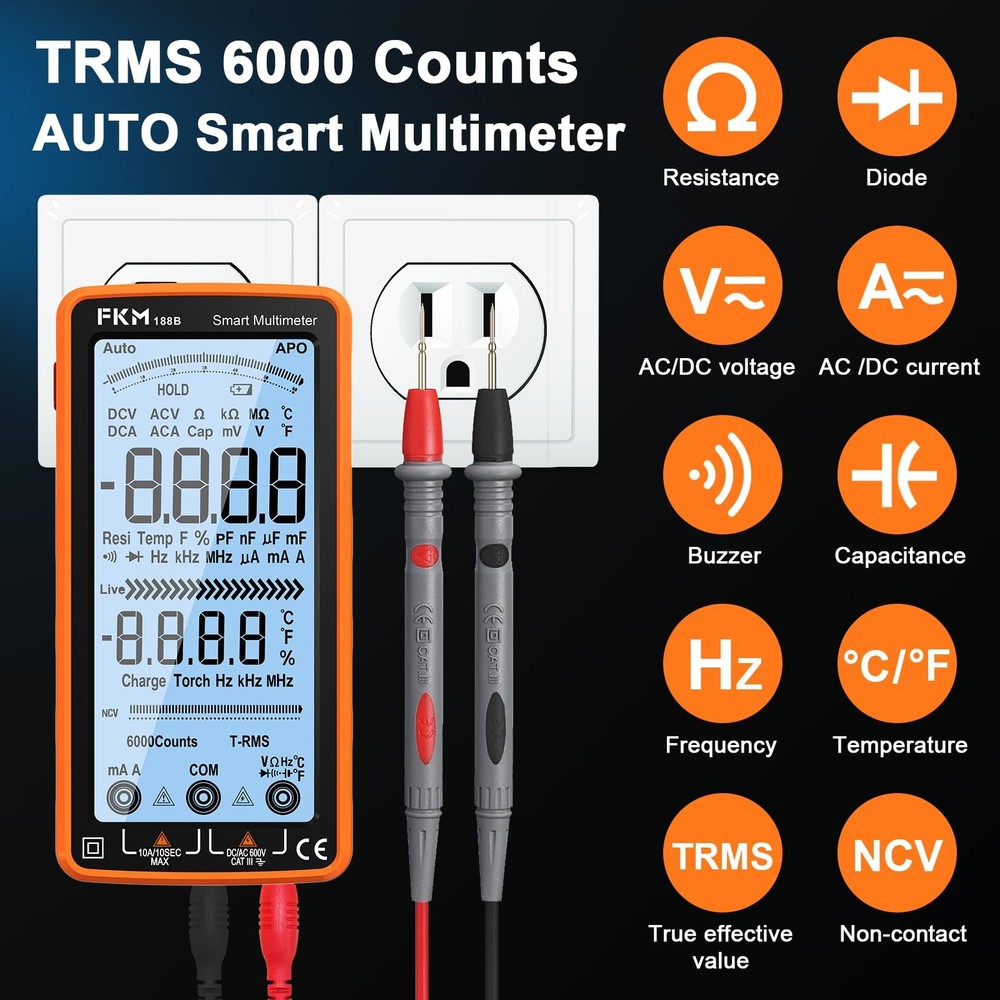 Digital Multimeter Tester Auto-Ranging TRMS 6000 Counts Smart Rechargeable Volt
