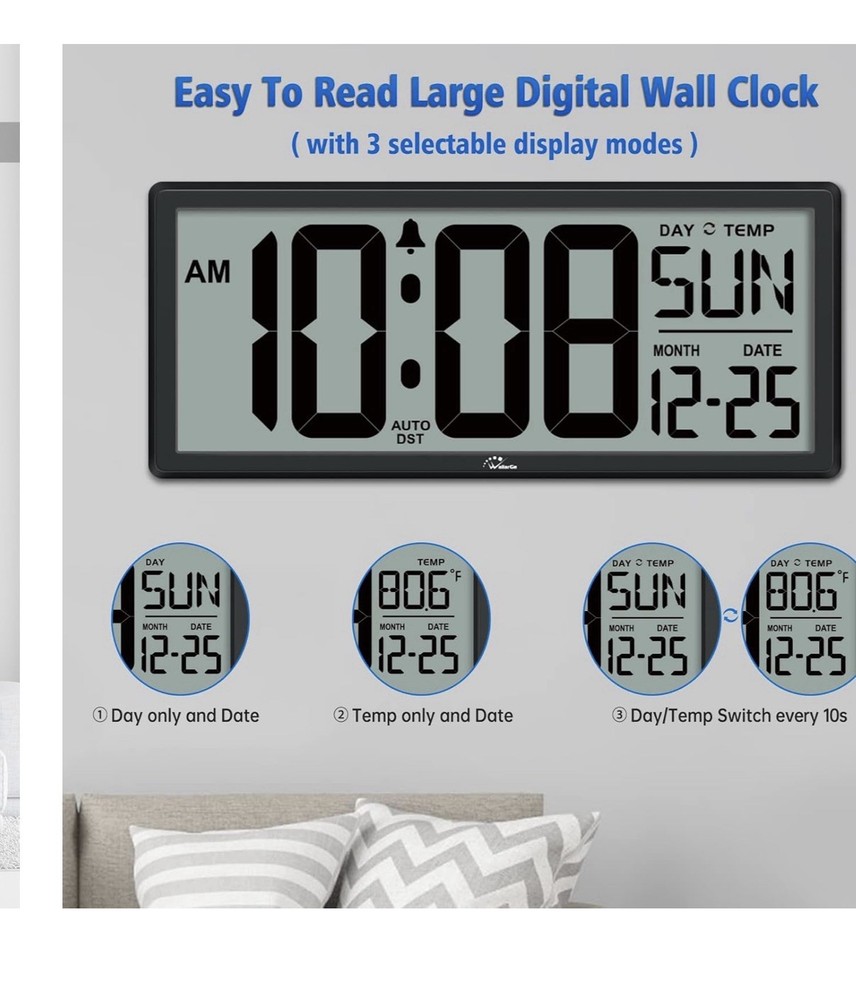 WallarGe 14.5'' Large Digital Wall Clock Battery Operated