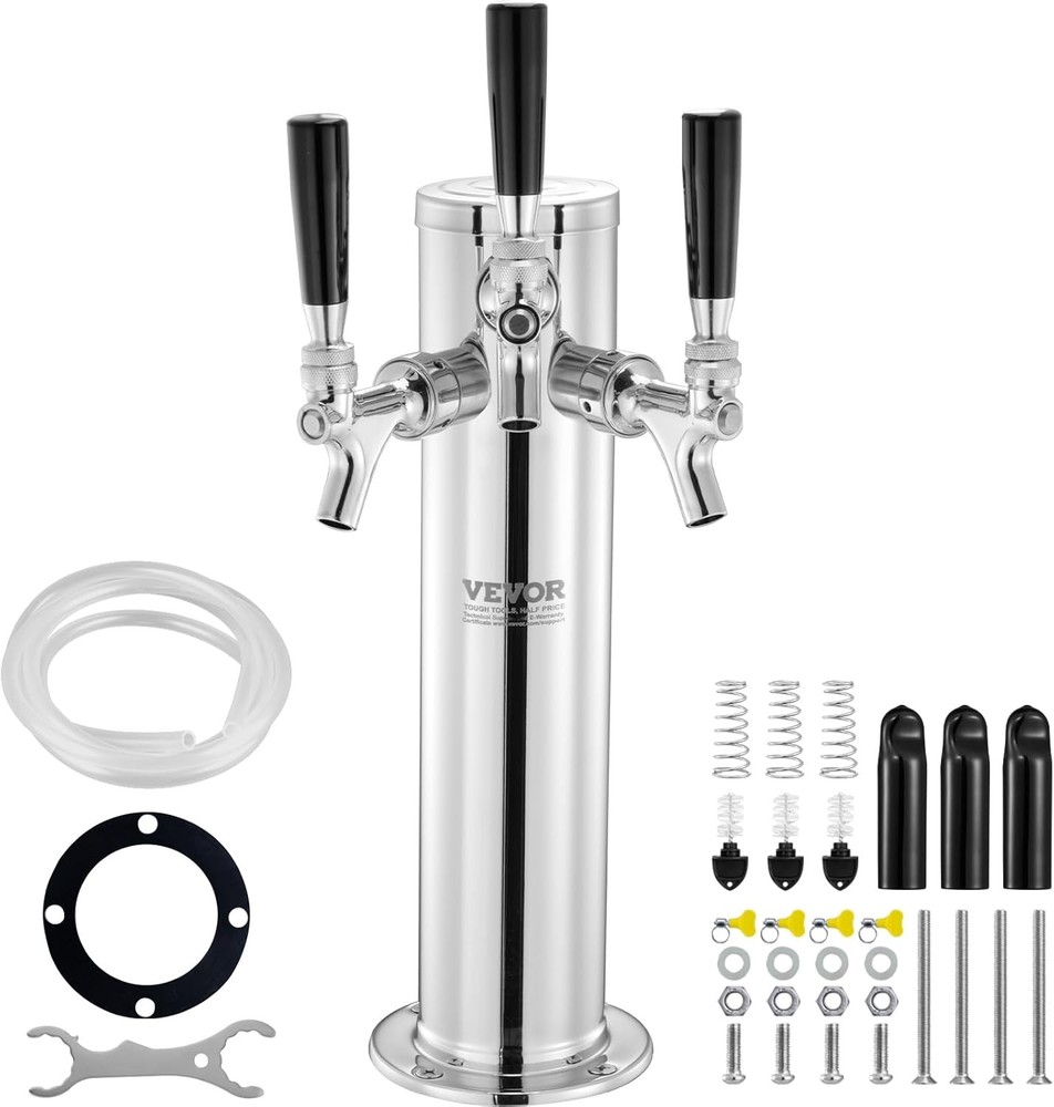 VEVOR Triple Taps Draft Beer Tower Dispenser, Stainless Taps, Silver