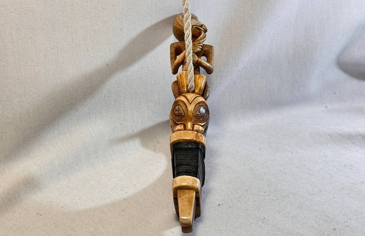 Shaman and Wolf Totem Halibut Hook, Shell Inlay, Northwest Coast Design