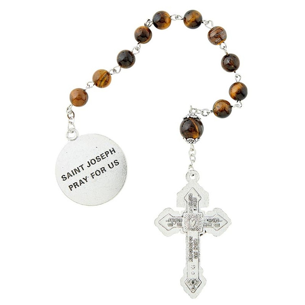 Tiger Eye St. Joseph One Decade Rosary with Laminated Prayer Card & Black Bag