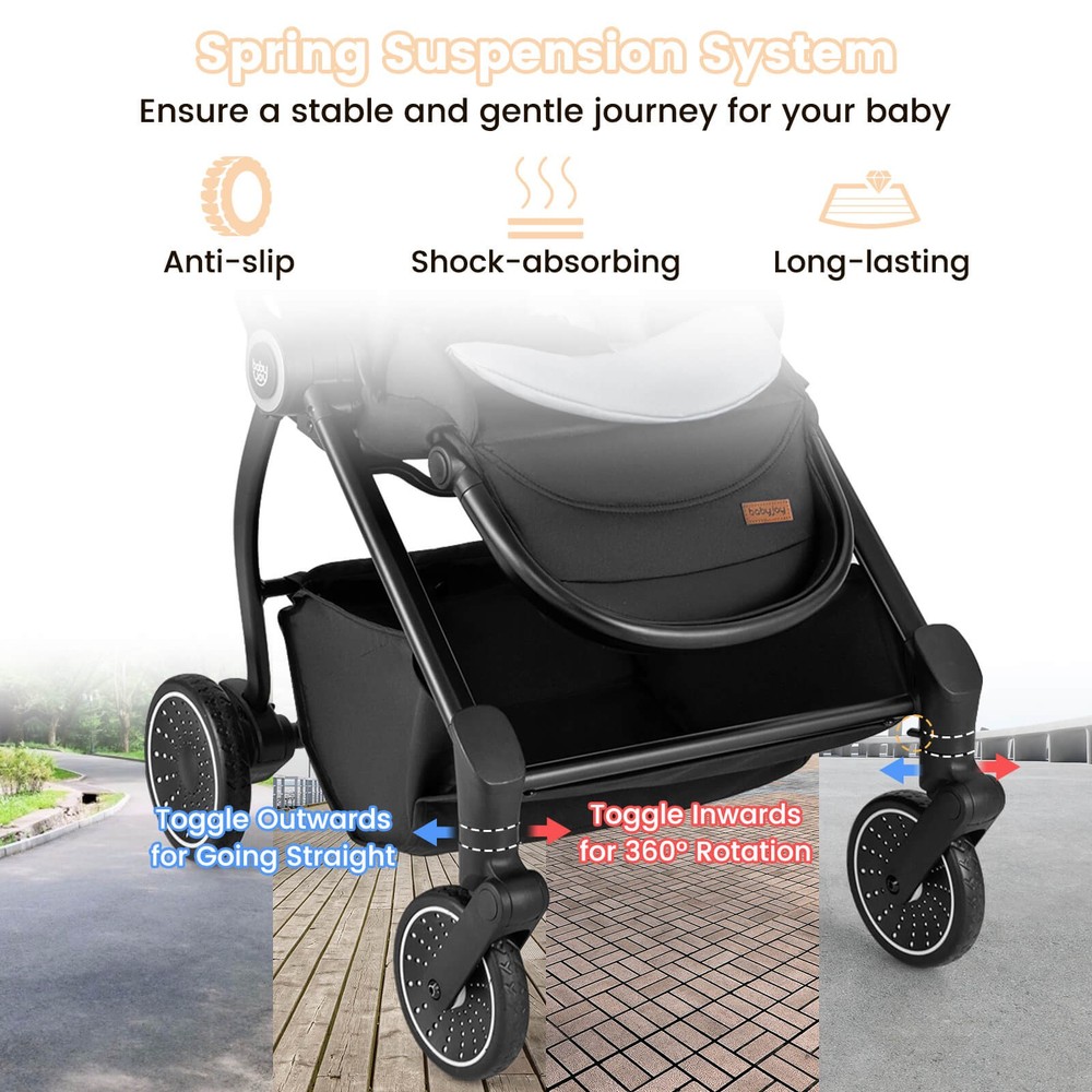 Baby Stroller Foldable Infant Pram Stroller w/ Reclining Backrest Handle