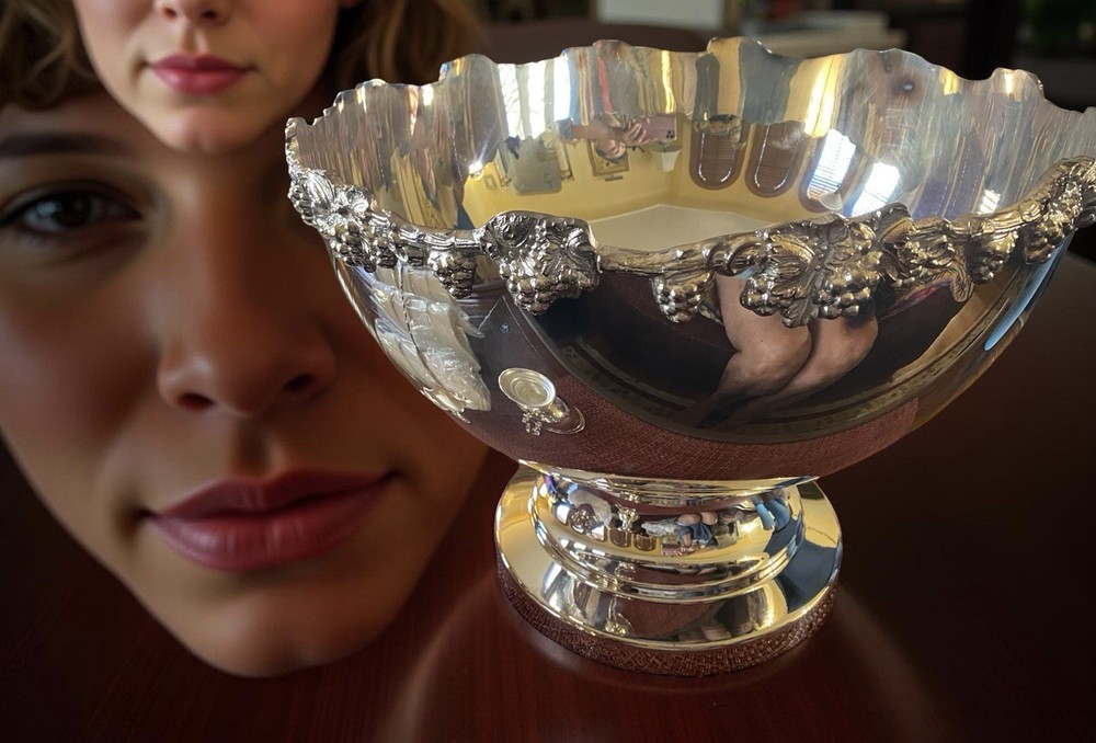 Silver-plated copper punch bowl with grape motif