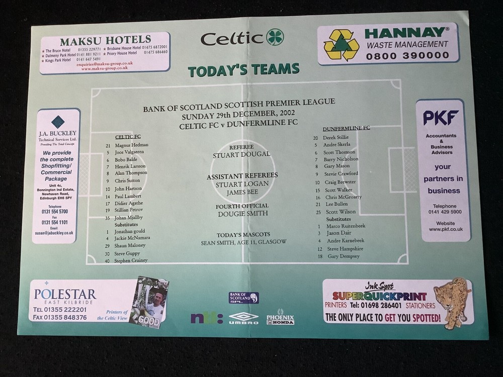 2002/3 Celtic v Dunfermline December teamsheet