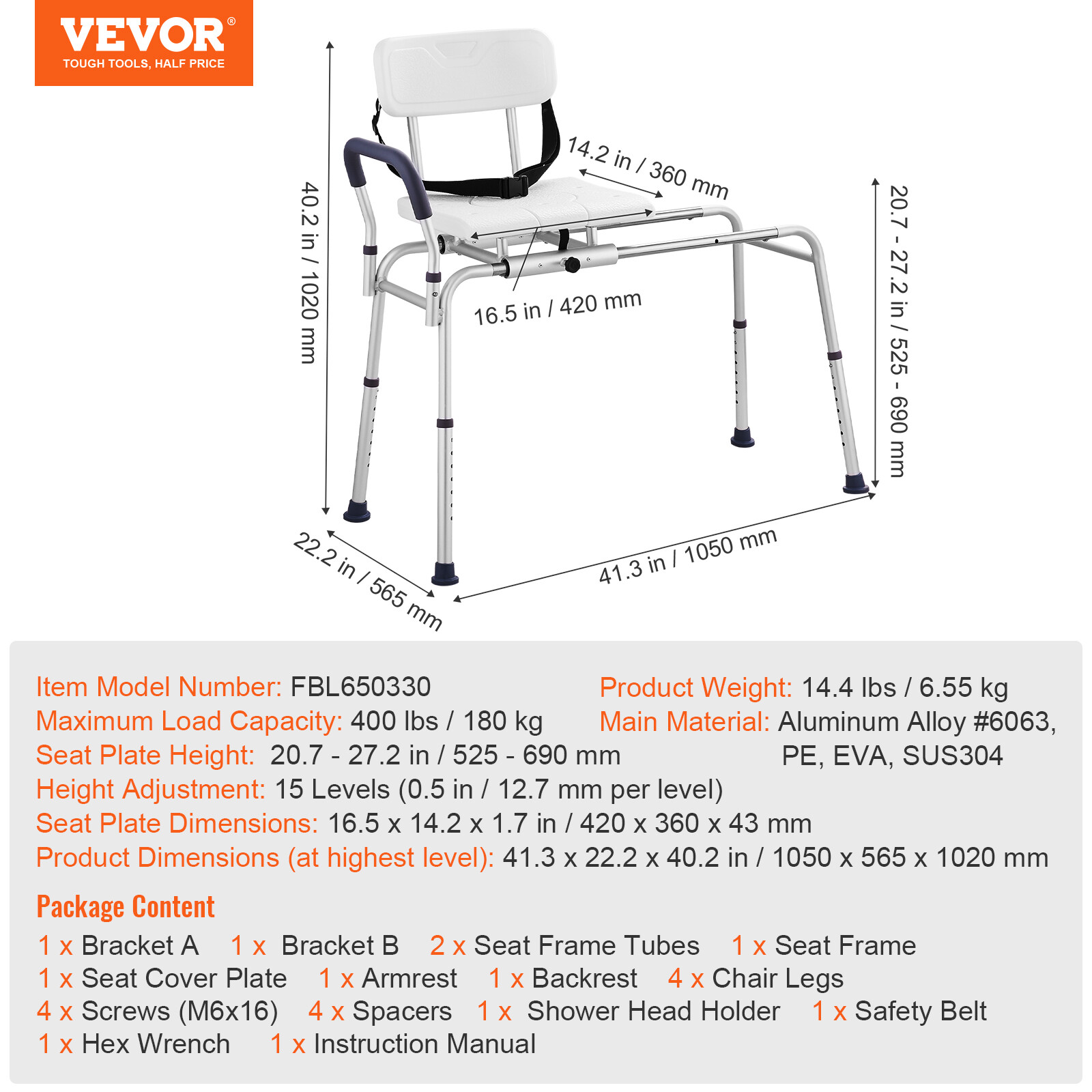 VEVOR Sliding Tub Transfer Bench Shower Chair with Cut-Out Seat