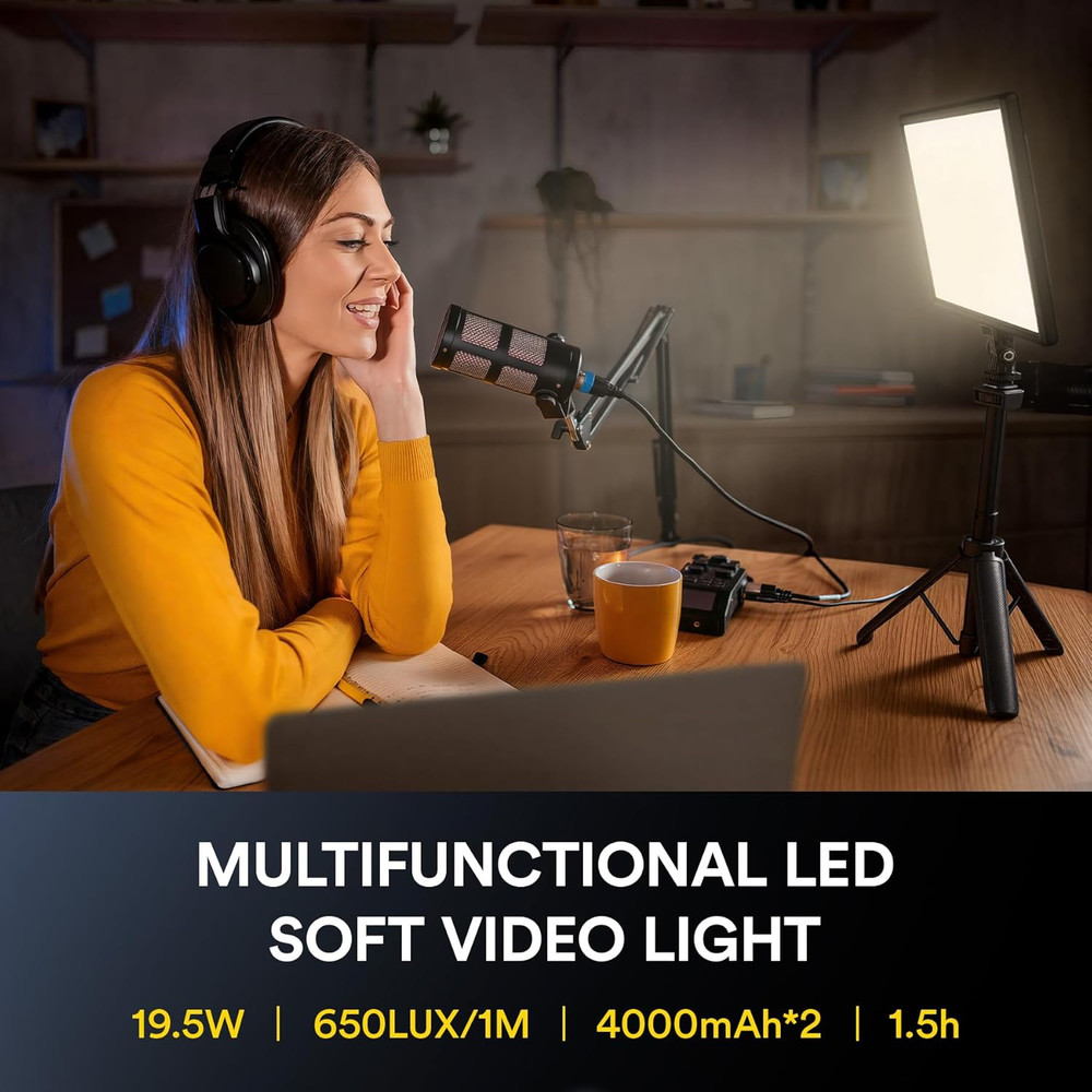 19.5W LED Video Soft Light Panel, 650Lux/M Camera Panel Light Built-In 8000Mah B