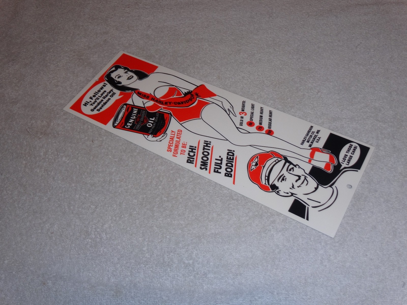 VINTAGE HARLEY DAVIDSON MOTORCYCLES WOMAN W/ LG OIL CANS 15" METAL GASOLINE SIGN