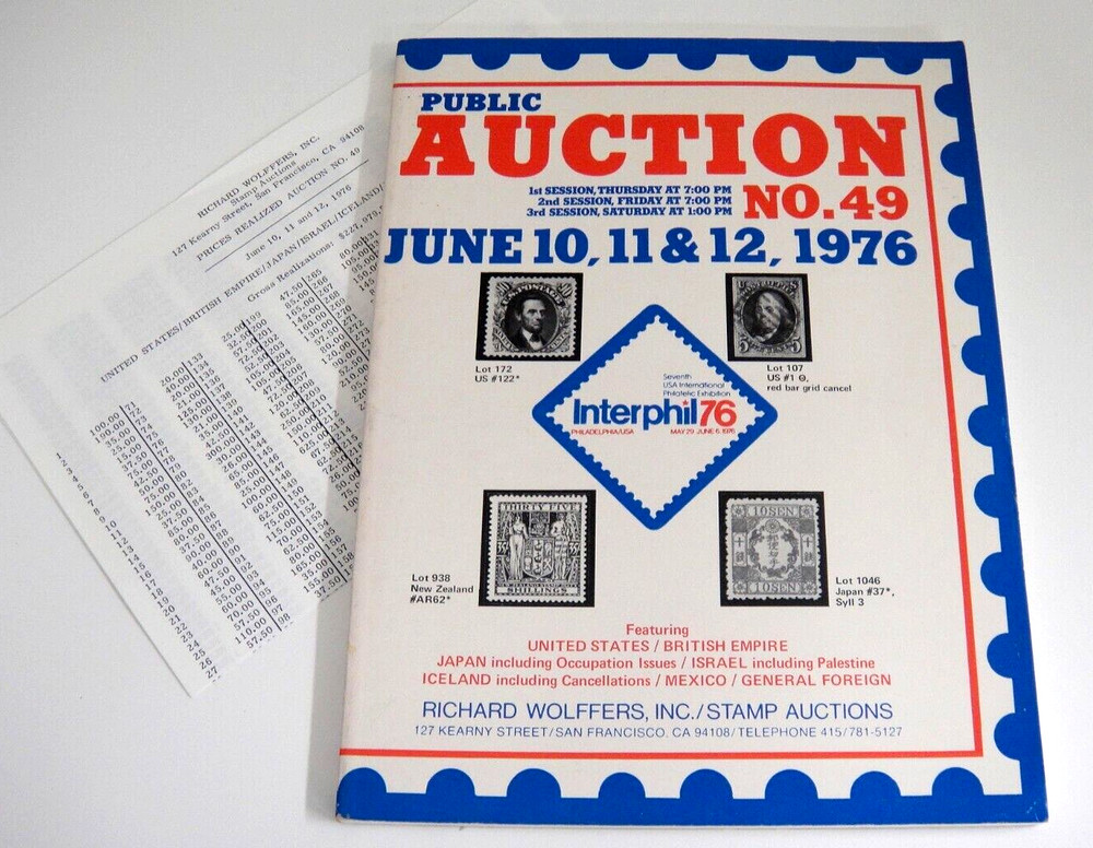 Wolffers Stamp Auction Catalog 1976 w Prices Realized Occupied Japan Palestine