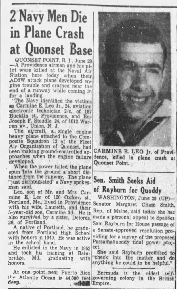 Navy Dog tags Named to AT2 Carmine Enrico Leo. Killed In Crash On June 29th 1955