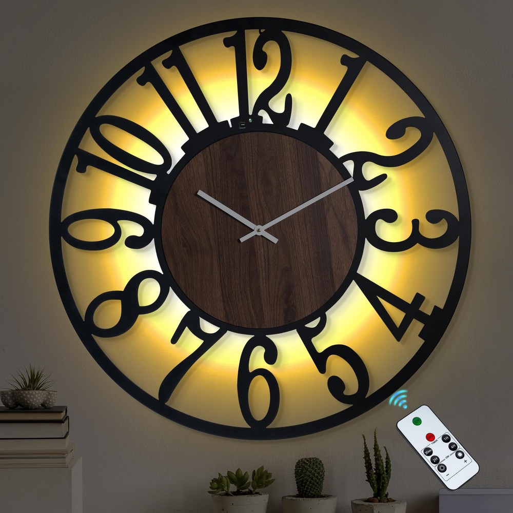 LEIKE 32'' Lighted Wall Clock with Timer by Remote Control, Silent, Battery