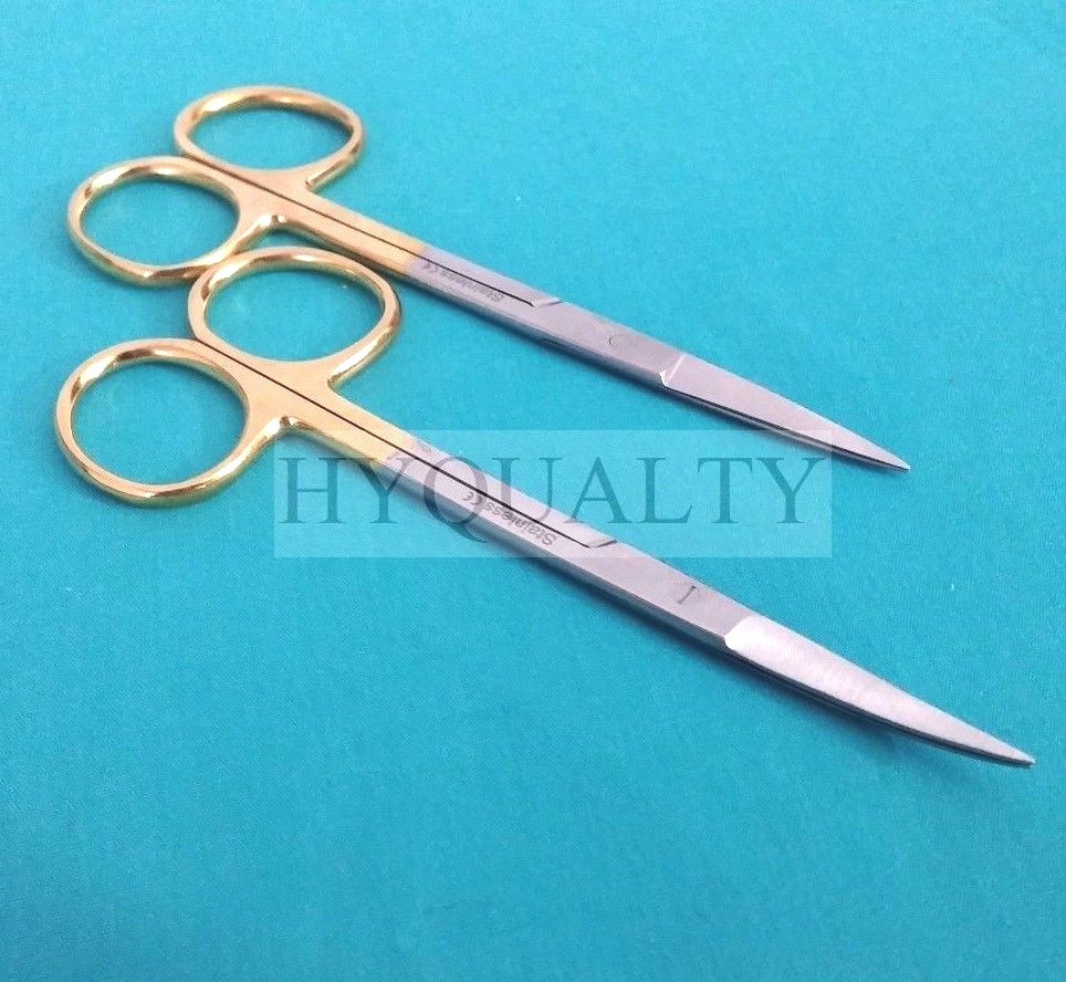 2 ASSORTED HIGH GRADE GOLD HANDLE IRIS MICRO SCISSORS 4.5" STRAIGHT + CURVED