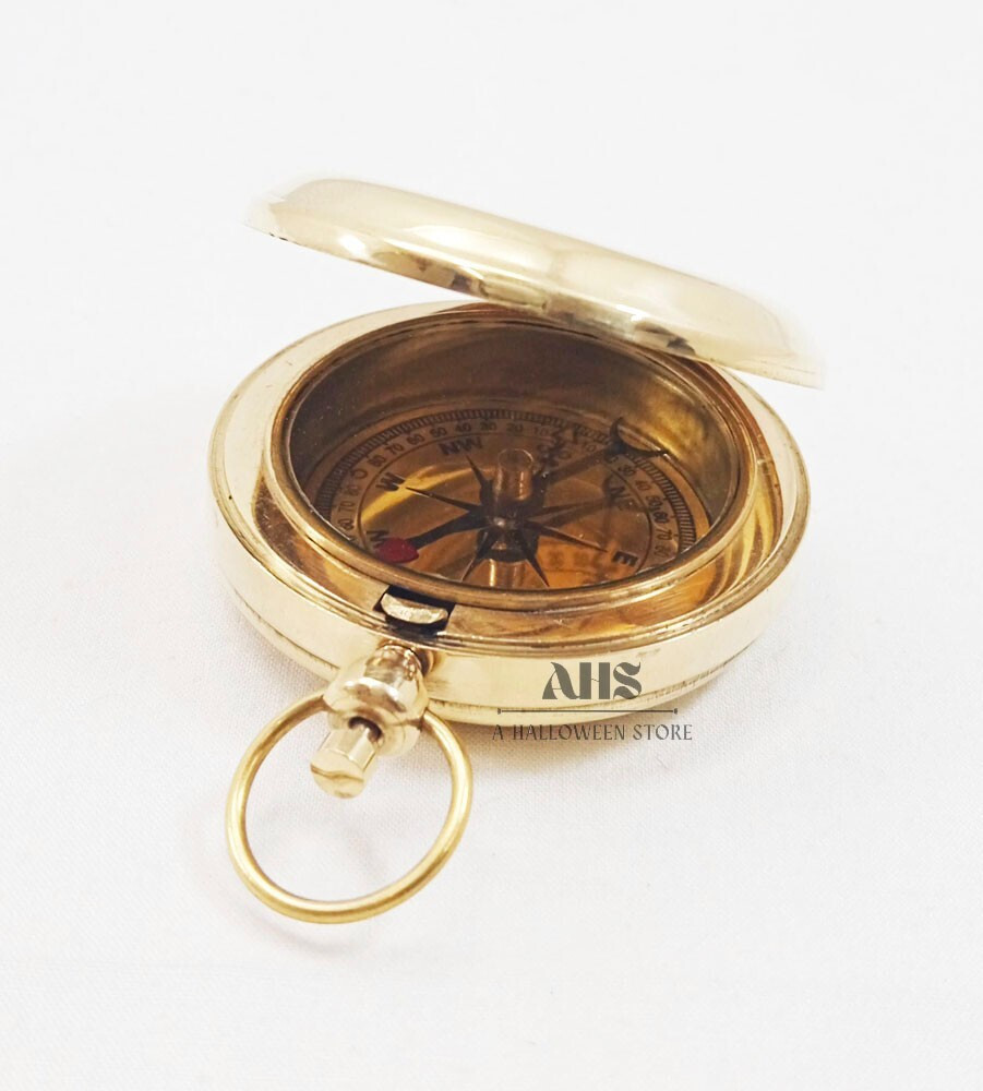 Vintage Navigational Maritime Brass Push Button Pocket Compass