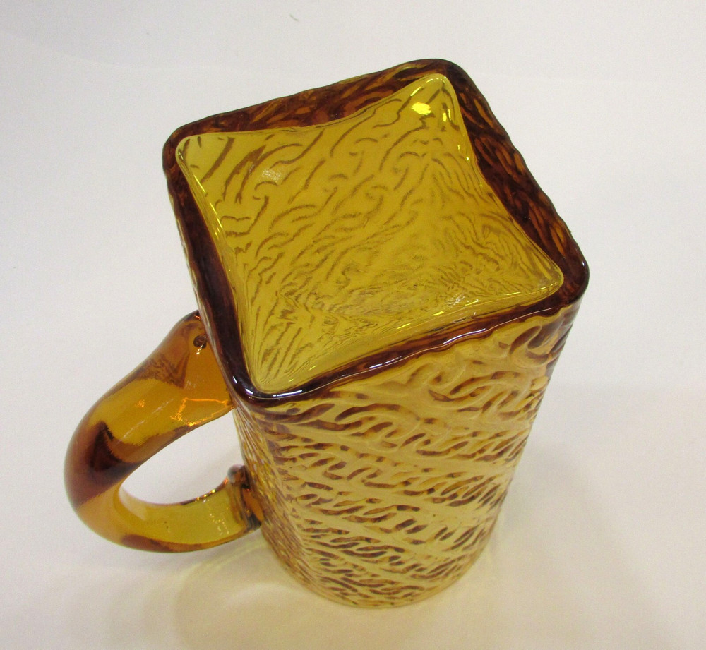 Vintage Unusual Log Chain Link Embossed Pattern Square Bottom Gold Glass Pitcher