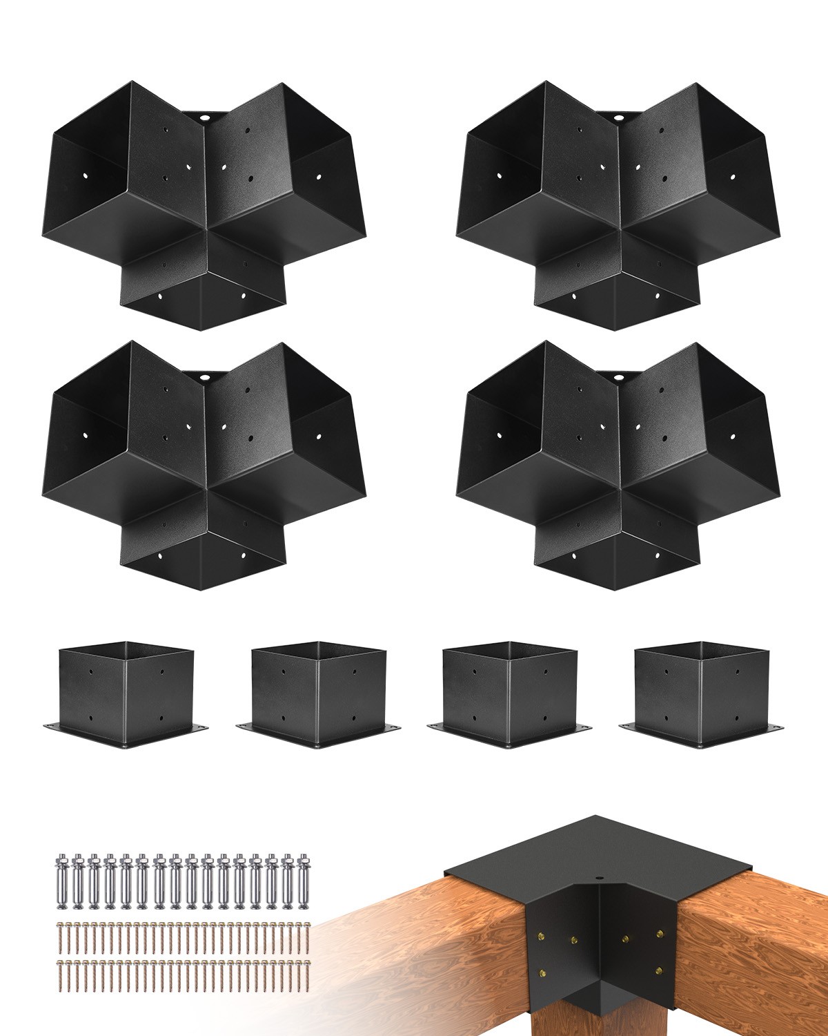 VEVOR 6x6" Pergola Bracket Kit Inner 5.5x5.5 3-Way Brackets 4 Pcs with 4 Bases