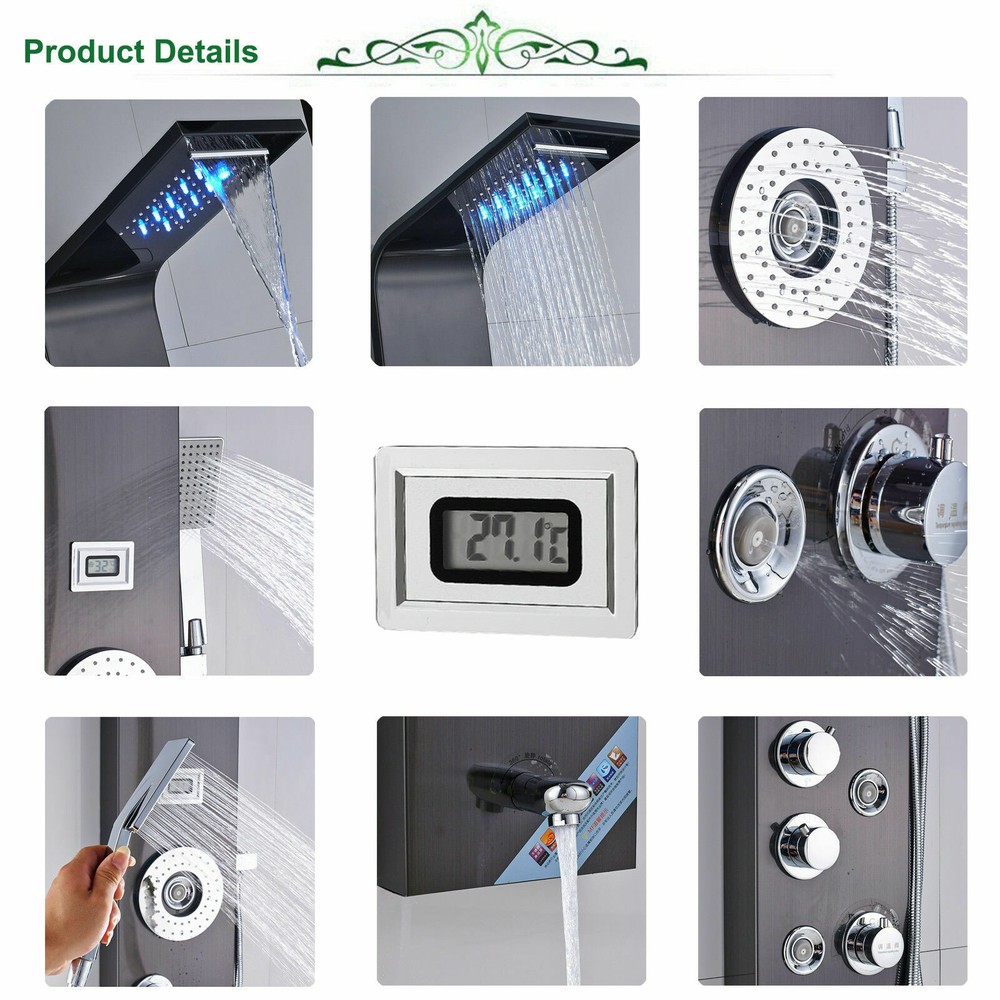 ELLO&ALLO Shower Panel Tower LED Rainfall Waterfall Massage System with Body Jet