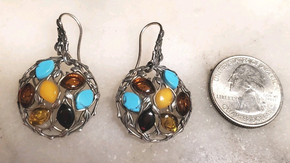 Vintage Handmade Sterling Silver Drop Dangle Stone Hook Earrings