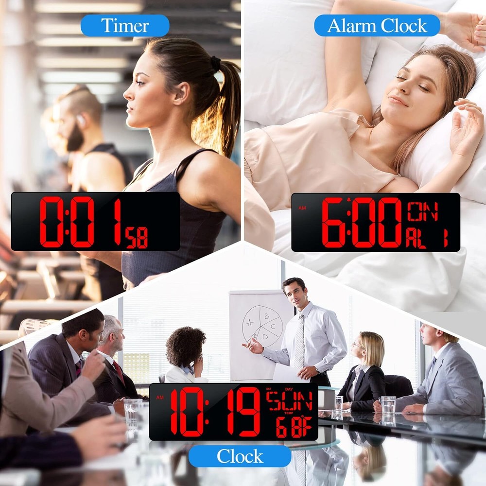 17.2" Large LED Digital Wall Clock w/ Remote Control &Auto-Adjustable Brightness