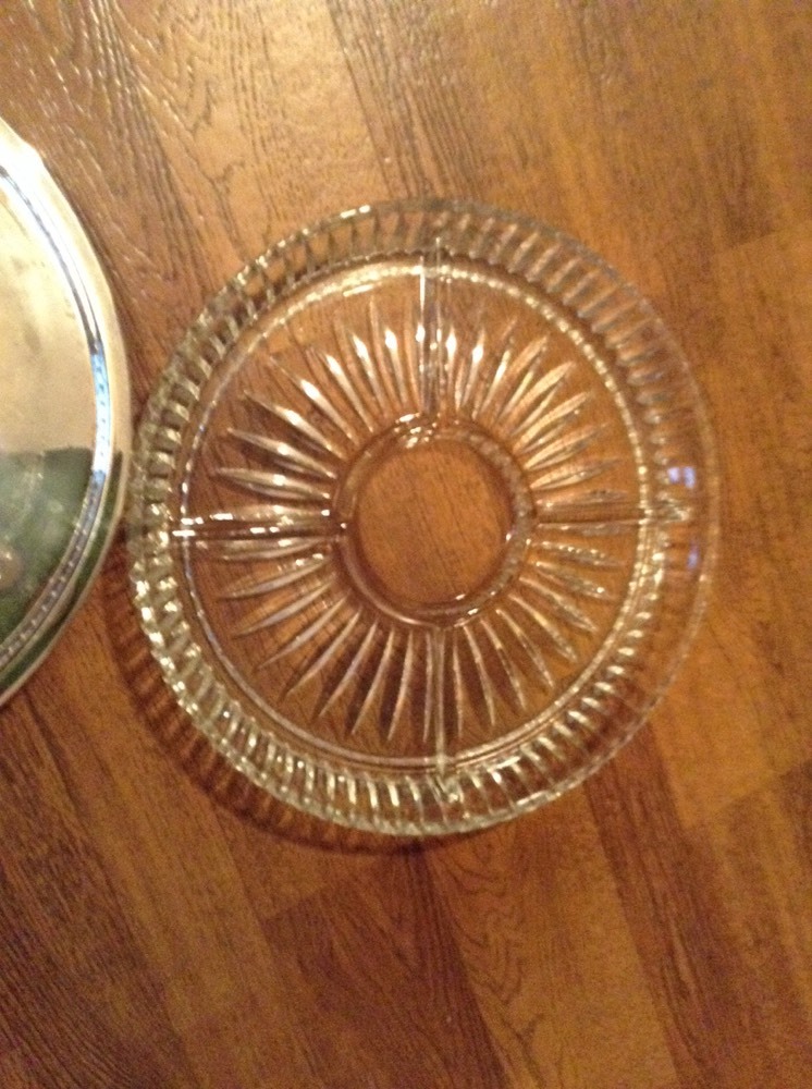 12" Round 4 section glass insert raised edge silverplate serving tray