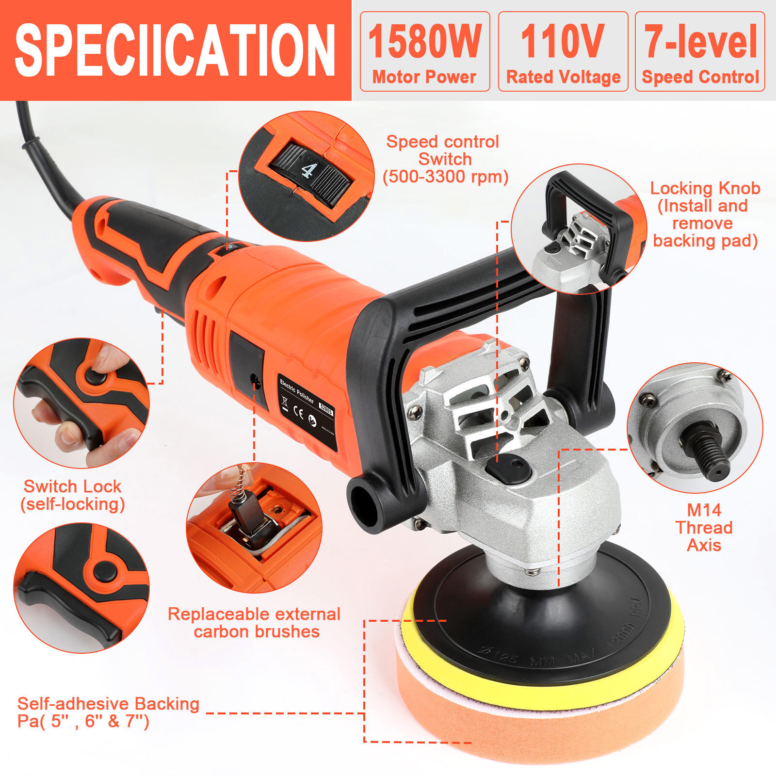 Car Buffer Polisher Waxer 7-Speed Rotary 5"6"+7" Backing Plate Polishing Machine