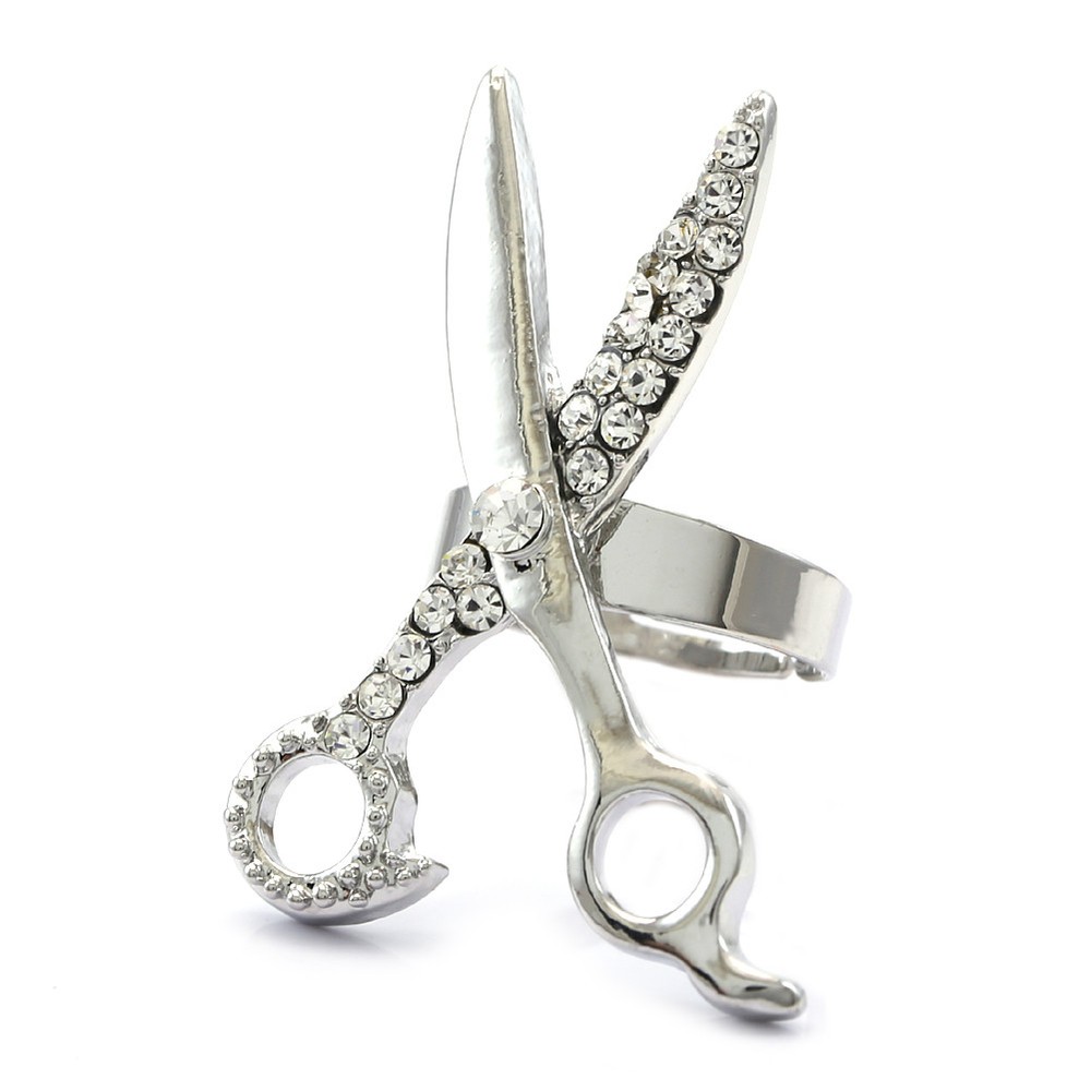 Scissors Ring High Polish Silver Tone Clear Stone Crystals Rhinestone Adjustable
