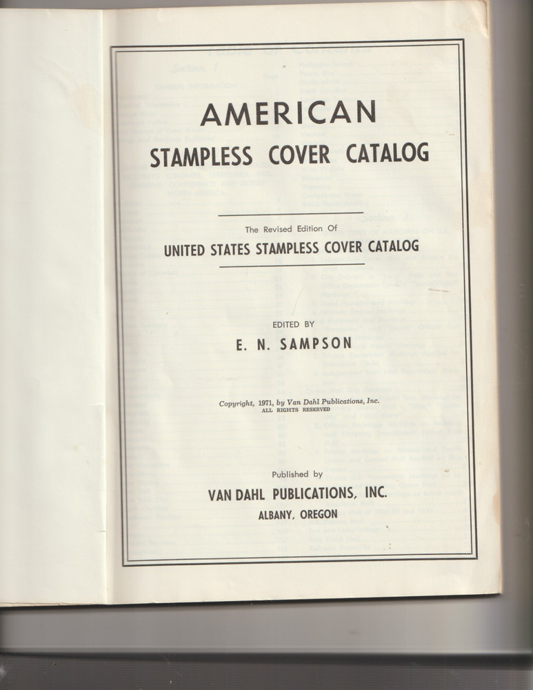 American Stampless Cover Catalog, Sampson, 1971 Softcover Used Good Condition