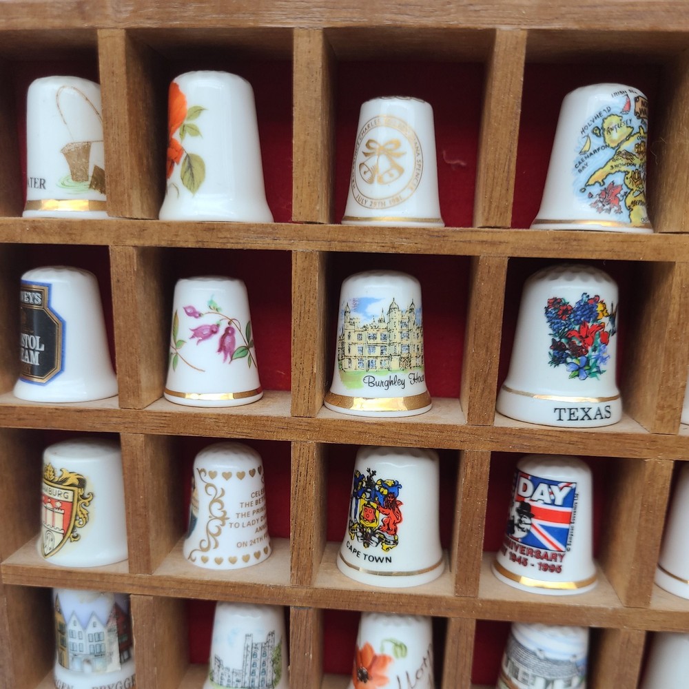Vintage Thimble Display Case with 100 Mixed Various Thimbles Good Condition