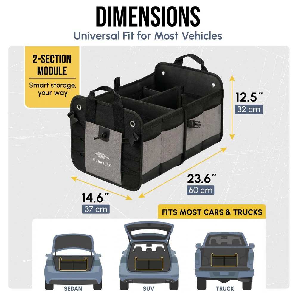 Compact Car Trunk Organizer 2-Section – Grocery, Tools, gray 2-section large