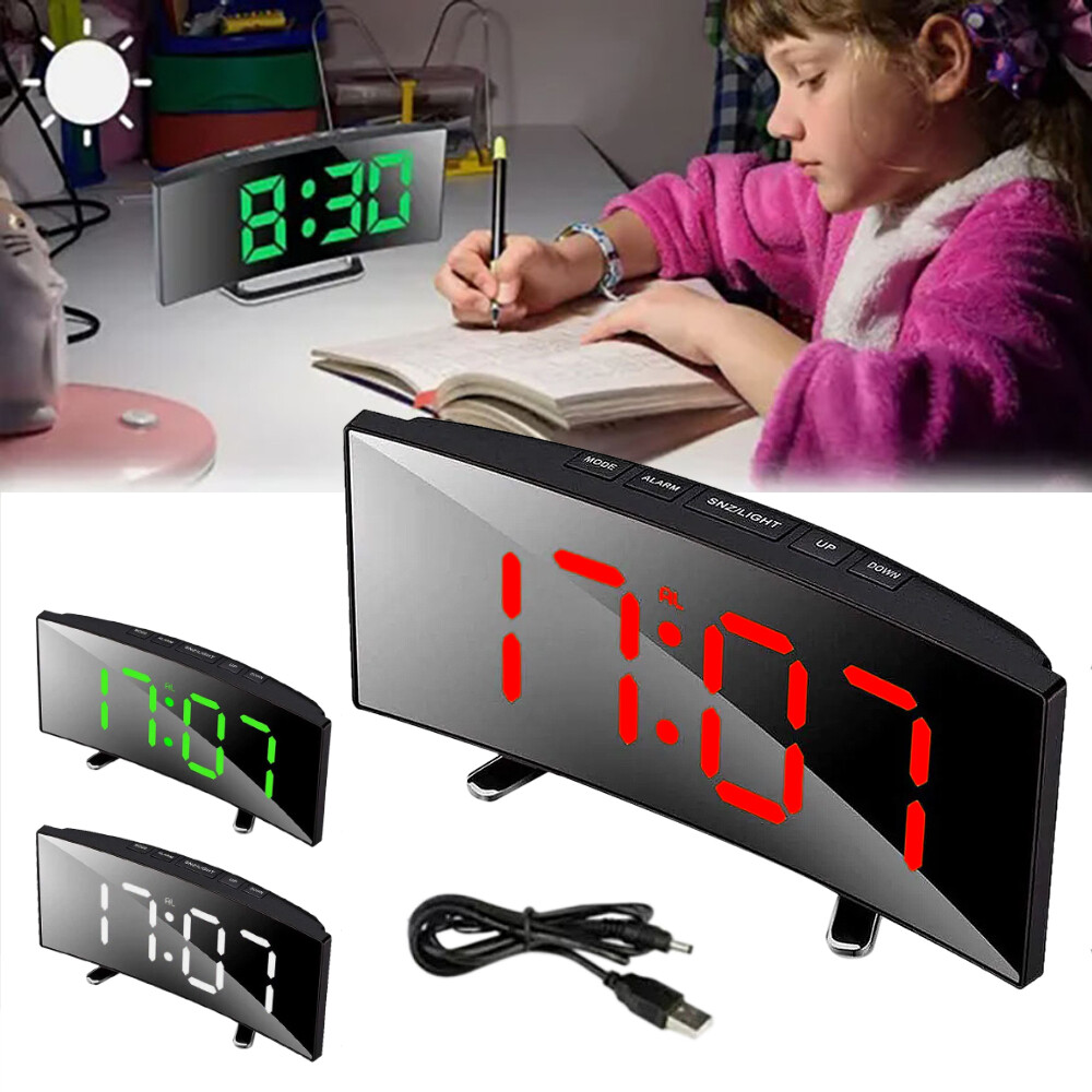 Digital LED Desk Alarm Clock Mirror USB Table Snooze Temperature Display Clocks