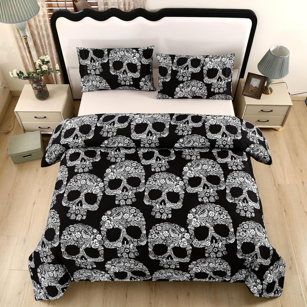3PCS Sugar Skull Comforter Set Queen, Soft Microfiber Lightweight Skull Comforte