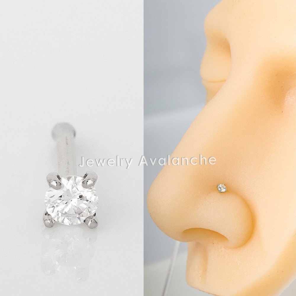 Solid 20G 14K Gold Diamond Ball-end Nose Ring Stud, Nose Bone Stud Prong Set