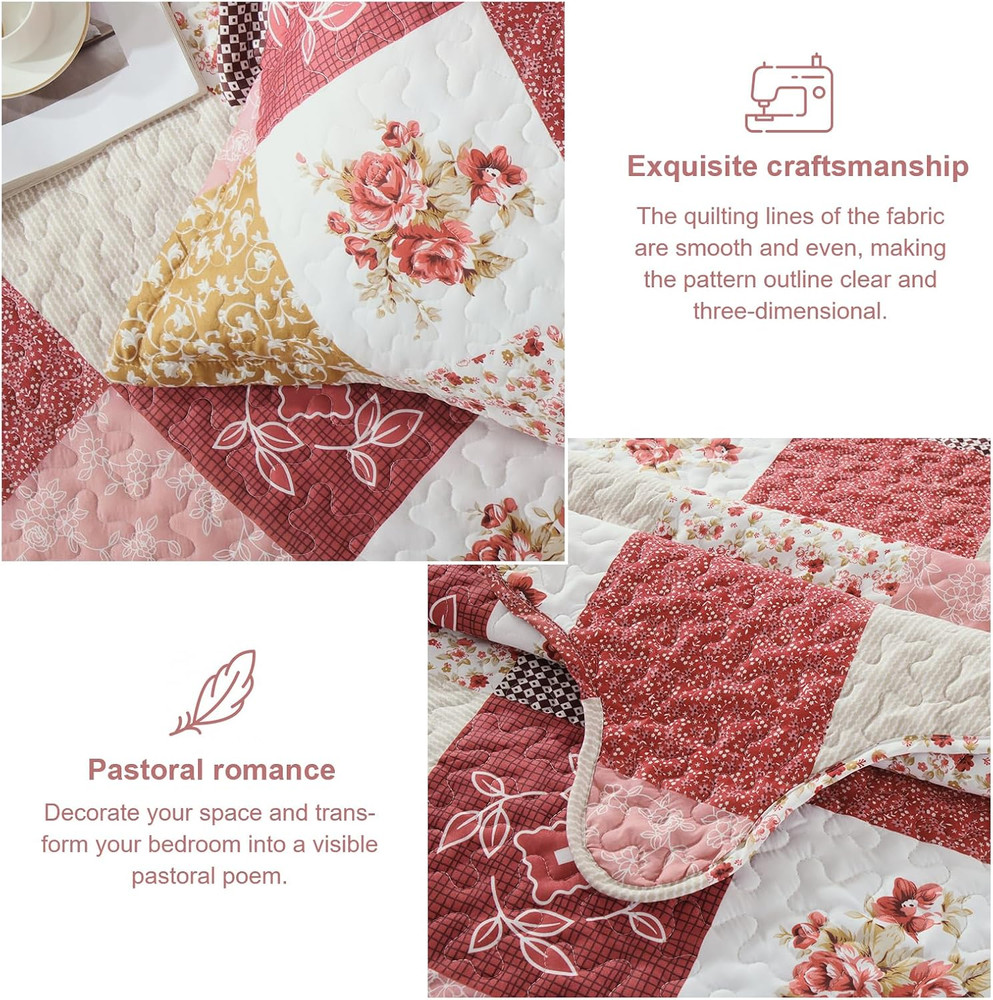 Romantic Pink Quilt Set Queen Size, Reversible Floral Plaid Patchwork Pattern Be