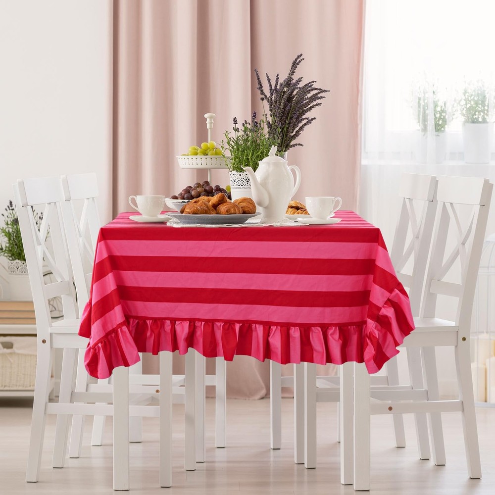 Ruffle Tablecloth Table Cloth Boho Pink Red Striped Rectangle Decorative Tabl...