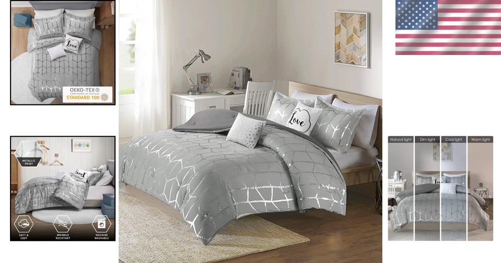 Raina Microfiber Bed Set in Grey/Silver