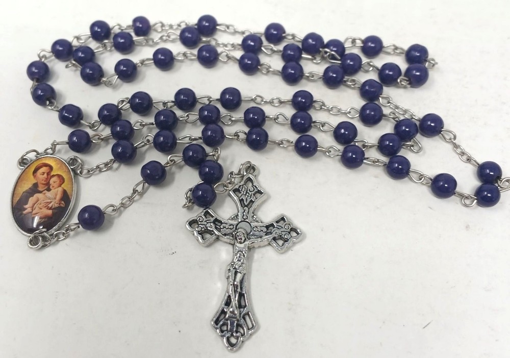 Catholic Rosary Beads Necklace Crucifix St Anthony Medallion Blue Silver #J2-Y