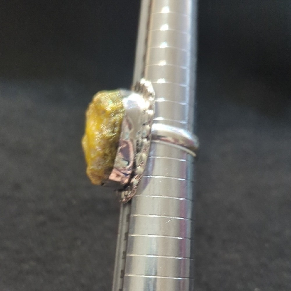 Silver Plated Yellow Druzy Quartz Gemstone Statement Ring - Size 7