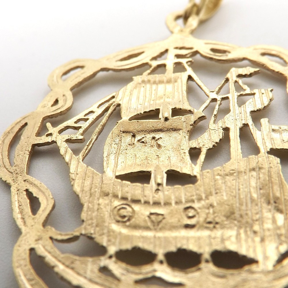 Solid 14k Gold Filigree Explorer Christopher Columbus Ship Charm Pendant