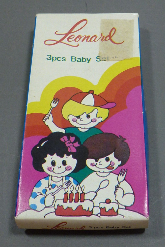 Vintage Leonard Silver Co. Stainless LEO6 3 Piece Baby Flatware Set, Mint in Box