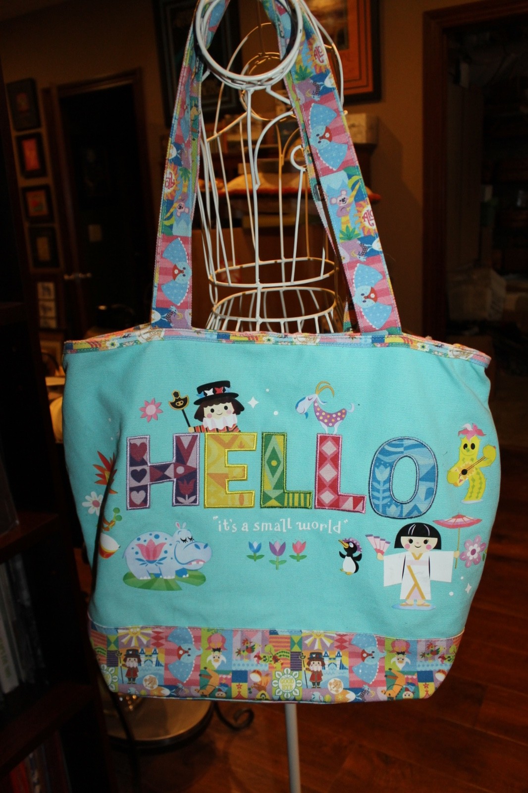 Disney World Parks  It's A Small World large Canvas tote Bag Aqua HELLO
