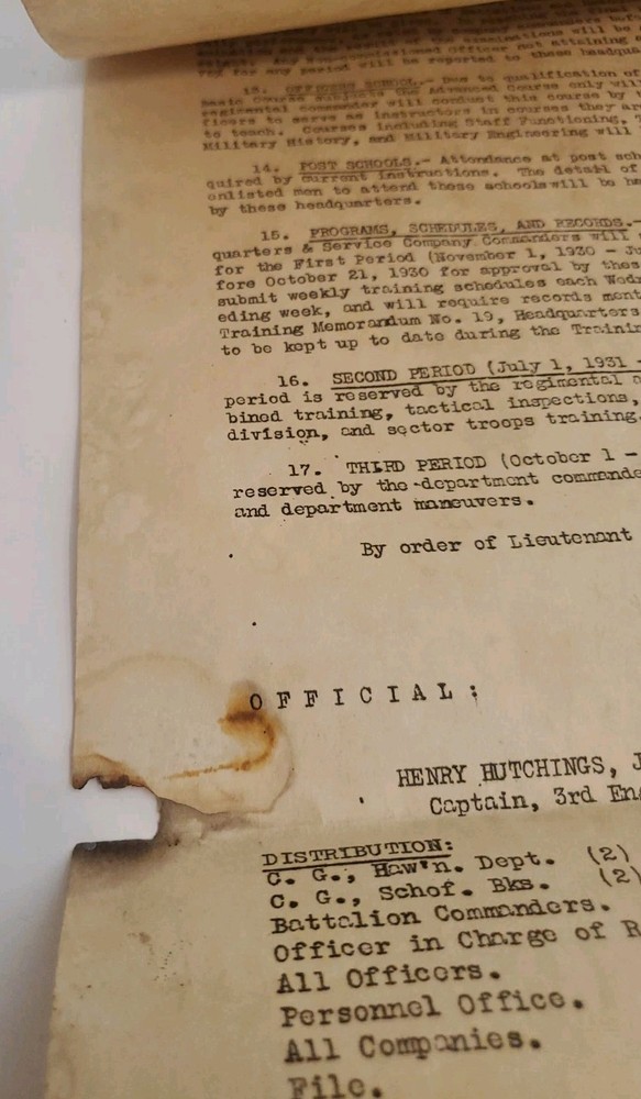 October 1930 HQ 3rd Engineers Schofield T.H. Training Memo 5 - Schedule