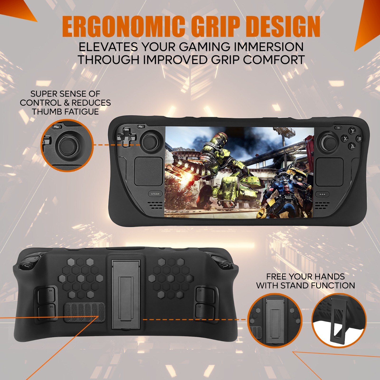 FIREBUBBLES Black Armor Protective Case for Valve Steam Deck with Glass Cover