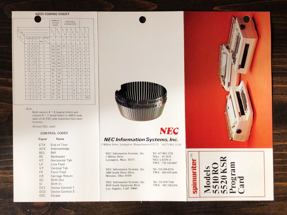 NEC - Spinwriter Models 5510 RO 5520 KSR Program Card