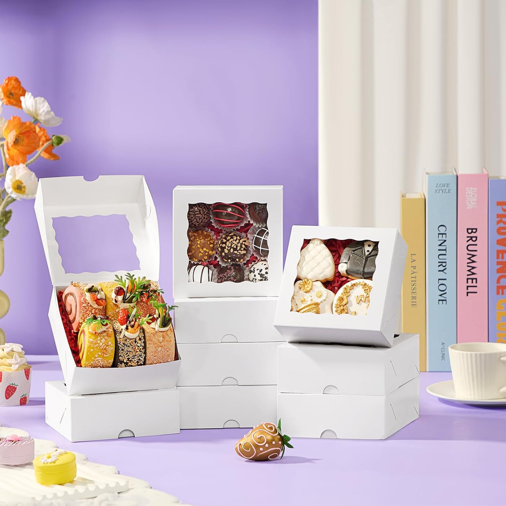 51PCS 5X5X2 Inch Bakery Boxes,Cookie Boxes with Window, Pastry Boxes for Macaroo