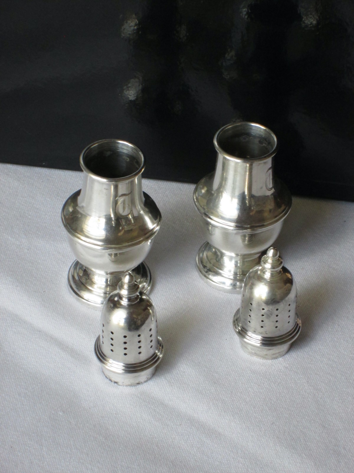 Antique Sterling RTH 136 Pedestal Salt and Pepper Shakers, Art Deco,30s,monogram